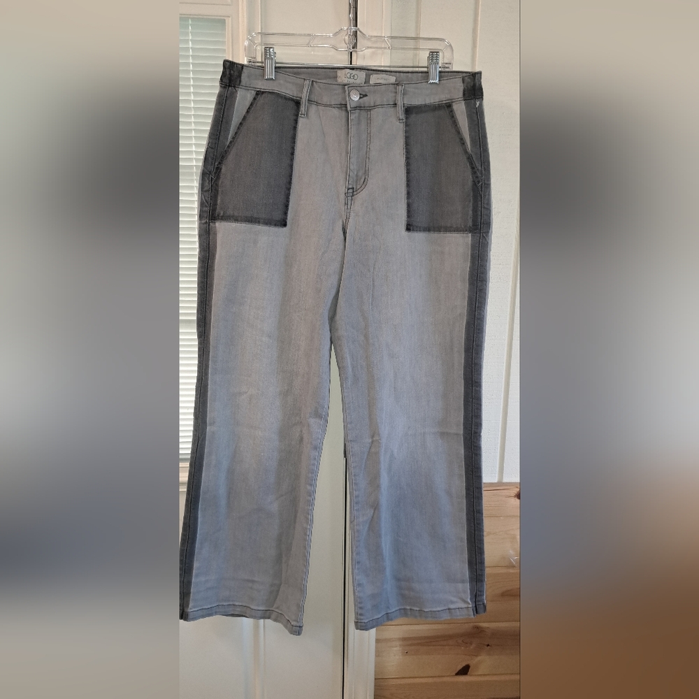 LOGO by Lori Goldstein Wide Leg Jeans Grey Black Wash Reg 14  Retro Stretch NWOT